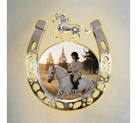 Applique murale 2D plate en acrylique en forme de fer à cheval avec photo de nom personnalisé - Décoration murale pour maison, chambre à coucher, amoureux des chevaux équestres - Cadeau pour homme et