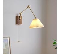 Applique Murale à Bras pivotant en cuivre avec Abat-Jour en Tissu plissé, Style Ferme en Bois, Fixation Murale au-Dessus du lit, Lampe de Lecture avec Tirette, Lampe Murale Vintage pour Chambre à
