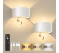 Applique Murale à Détecteur de Mouvement avec Télécommande, 3 Couleurs,Lumière Murale sans fil LED, Applique Murale Haut et bas, Batterie Rechargeable 5000mAh, Alimentation par Batterie,Blanc 2 Pièces