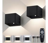 Applique Murale à Dètecteur de Mouvement avec Télécommande,Lumière Murale Sans Fil LED,3 Couleurs,Applique Murale Haut et bas,Batterie Rechargeable 4000mAh,Alimentation par Batterie Noir 2 Pièces