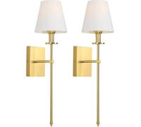 Applique Murale, Appliques Murales Ensemble De 2, Applique Murale à Long Poteau avec Abat-Jour en Tissu Blanc, Applique Murale D’intérieur Câblée, Lampe Murale en Métal en, Gold