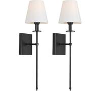 Applique Murale, Appliques Murales Ensemble De 2, Applique Murale à Long Poteau avec Abat-Jour en Tissu Blanc, Applique Murale D’intérieur Câblée, Lampe Murale en Métal en, Noir