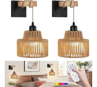 Applique murale bohème d'intérieur sans fil à intensité variable avec télécommande 3 températures de couleur + RGB lampe de chevet vintage rechargeable par USB lanterne en bambou style rustique