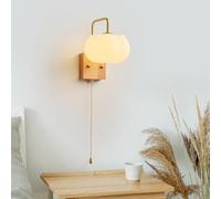 Applique Murale de Ferme Blanche laiteuse, Applique Murale Moderne Nordique Rustique en Bois, Interrupteur à chaînette, Lampe Murale Vintage d pour Chambre à Coucher avec Ampoule à intensité vari