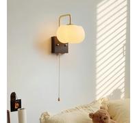 Applique Murale de Ferme Blanche laiteuse, Applique Murale Moderne Nordique Rustique en Bois, Interrupteur à chaînette, Lampe Murale Vintage d pour Chambre à Coucher avec Ampoule à intensité vari