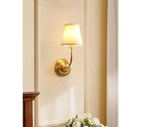 Applique Murale de Style européen entièrement en cuivre, tête Unique, Bras courbé, Applique en Laiton, Abat-Jour en Tissu Blanc, Finition brossée, Chaner