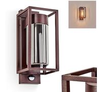 Applique murale d'extérieur Boucinho, d'extérieur avec détecteur de mouvement en métal/verre de couleur rouille/fumée, au design industriel pour jardin/façade extérieure, 1x E27, sans ampoule, IP44