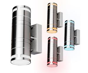 Applique murale d'extérieur intelligente contrôlable via une application pour téléphone portable Langue Spots haut-bas en acier inoxydable dans un ensemble comprenant des lampes LED RVB