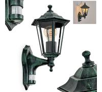 Applique murale d'extérieur Loria avec détecteur de mouvement au look antique en métal/verre en noir/vert/transparent, applique murale de style maison de campagne, lampe d'extérieur pour terrasse,