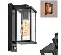 Applique murale d'extérieur Tourega, d'extérieur avec détecteur de mouvement en métal/verre noir/clair, au design industriel pour jardin/façade extérieure/extérieur/terrasses, E27, sans ampoule, IP44