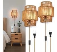Applique murale en corde de chanvre avec interrupteur et prise, en rotin naturel avec câble, style bohème, d'intérieur, à éclairage haut et bas (culot E27), lampe de chevet en bambou tressé à la main