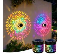 Applique Murale Exterieur Solaire, Dégradé de 7 Couleurs Mandala Fleur de Lumiere Solaire Murale Métal LED Etanche Lampion Mural pour a Poser Terrasse Exterieur Jardin Lanterne Lampadaire