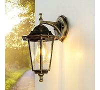 Applique murale extérieure en verre et aluminium doré antique, IP44 pour maison et balcon, hauteur 36 cm, E27, lanterne nostalgique, style rustique PARIS