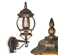 Applique murale extérieure Lentua avec détecteur de mouvements, applique vintage en aluminium moulé brun/or pour une ampoule E27 max. 60 Watt, IP44, compatible ampoules LED
