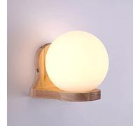 Applique Murale Globe Blanche, Support en Bois avec Abat-Jour Globe en Verre Mat, Douille E27, éclairage décoratif rétro pour Couloir, Lampe de Chevet Simple pour Chambre à Coucher