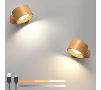 Applique Murale Interieur 2 Pièces, Lampe Murale Sans Fil Lampe Rechargeable, 3 Niveaux de Luminosité 3 Températures Rotatifs 360° Applique Murale Chambre (grain de bois couleur)