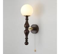 Applique Murale Intérieur En Bois Style Rétro avec Globe En Verre Blanc Laiteux Et Interrupteur à Tirette Idéale pour Une Salle de Bain Une Chambre Ou Un Escalier
