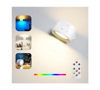 Applique Murale Interieur, Lampe Murale avec Télécommande à Gradation et Batterie Rechargeable, Commande Tactile, 4 Niveaux de Luminosité, 3 Modes de Couleur, Rotation à 360°(Blanc+7RGB Lumière)