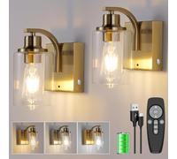 Applique Murale Interieure, Lampe Murale Sans Fil Rechargeable avec Télécommande, Tactile Applique Murale à Batterie 8000mAh Lampe de Chevet avec Abat-jour en Verre pour Chambre et Salon, Dorée 2 Pack