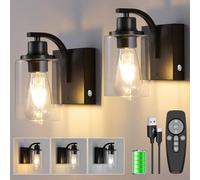 Applique Murale Interieure, Lampe Murale Sans Fil Rechargeable avec Télécommande, Tactile Applique Murale à Batterie 8000mAh, Lampe de Chevet avec Abat-jour en Verre pour Chambre et Salon, Noir 2 Pack