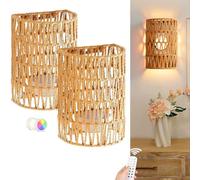 Applique Murale Intérieure Lot de 2 Lampe Murale Sans Fil RVB USB Rechargeable Lampe de Chevet Murale Boho Rotin avec Télécommande Dimmable Vintage Appliques pour Salon Couloir Escalier Salle à Manger