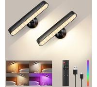 Applique Murale LED à Piles, Applique Murale Pour Chambre à Coucher, Intensité Variable, Télécommande + Commande Tactile, 3 Températures De Couleur, 15 Options De Couleurs RVB, Rotation à 360°, 2 Pack