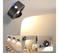Applique murale LED d'intérieur avec détecteur de mouvement USB-C rechargeable avec batterie Touch Control Luminosité à intensité variable 3 modes de couleur Rotation à 360° pour salon, chambre à