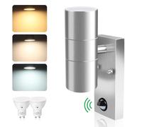 Applique Murale LED Exterieur avec Détecteur de Mouvement 2x8W 750LM Up Down Acier Inoxydable, avec Ampoules GU10 3000K 4000K 6000K Réglable, IP65 Étanche Luminaire Lampe Jardin Terrasse, Argent