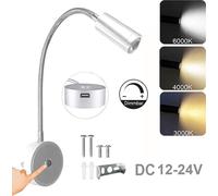 Applique murale LED Variable 3 couleurs de lumière, Lampe de lecture Bras de lampe flexible,Applique murale Interrupteur tactile Connexion USB 12-24V Intérieur RV Camping-car Navire,argent