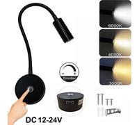 Applique murale LED Variable 3 couleurs de lumière, lampe de lecture Bras de lampe flexible,Applique murale Interrupteur tactile Connexion USB 12-24V Intérieur RV Camping-car Navire,noir