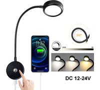 Applique murale LED Variable 3 couleurs de lumière, lampe de lecture Bras de lampe flexible Interrupteur tactile Connexion USB Φ6,5cm 12-24V intérieur RV camping-car bateau,noir