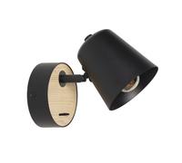 Applique Murale LIMA E27 Orientable avec Interrupteur, Métal Noir et Bois, Style Scandinave Moderne