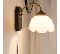 Applique murale moderne du milieu du siècle à brancher sur une fleur en verre de lait vintage, lampe murale à col de cygne, lampe murale rustique en bois doré antique pour ferme, chambre à coucher, tê