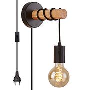 Applique murale nordique avec équerre en bois et base de métal en pour douille E27 Veilleuse moderne 220 V - Câble de 1,6 m, Appliques murales avec cordon enfichable pour salon (Noire couleur)