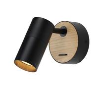 Applique murale Porto - Style nordique et industriel rétro noir avec façade en bois naturel, interrupteur intégré et spot GU10 LED orientable