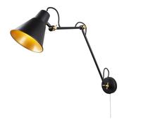 Applique Murale Réglable Avec Interrupteur À Tirette H: Max. 58 Cm E27 Noir Or