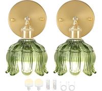 Applique murale rétro rechargeable, applique intérieure E27 avec télécommande, lampe murale RGB sans fil à intensité variable et minuterie, lampe de chevet murale à fleurs avec abat-jour en verre vert