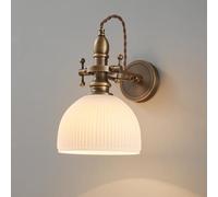 Applique Murale Rustique Vintage en Bronze pour Salle de Bain, Douille E27, Lampe de Lecture Murale réglable avec Abat-Jour en Verre à Rayures Blanches, Applique Murale de Chevet rétro Antique