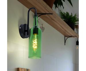 Applique murale spot salon design bouteille, métal noir acrylique vert, 1x E27 max 8W, LxH 10x35cm