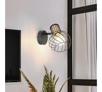 Applique murale style campagnard Applique en bois Grille Lampe de salon avec spot mobile, métal noir naturel, 1x E27, LxH 12x16,5 cm