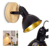 Applique murale Tina en bois et métal noir et or, spot rotatif de style retro-industriel, socle rond, idéal dans un salon vintage, pour 1 ampoule E14, ampoule(s) non incluse(s)