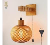 Applique murale vintage à intensité variable avec prise,Lampe de chevet vintage rotin bambou abat-jour,Lampe de lecture à fixation murale,Lampe murale rustique en corde,pour chambre à coucher salon