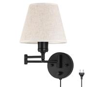 Applique murale vintage en métal noir avec bras articulé réglable et interrupteur, câble de 1,6 m avec prise, abat-jour en tissu, douille E27, lampe de chevet/de lecture pour salon, chambre, couloir,