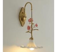 Applique Murale Vintage Européenne, Corps En Fer Forgé Romantique Orné de Roses Roses, Douille E27 Simple, Abat-Jour Cloche Cannelé En Céramique Blanche, Idéale Pour Le Salon, La Chambre Ou La Salle À