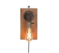 Applique Murale Vintage Industriel avec Plaque en Bois Naturel à Suspendre au Mur avec Câble et Prise Interrupteur sur Douille E27.
