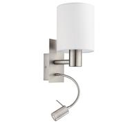 Eglo Lampe murale LED PASTERI, applique murale en textile à 2 flammes, matériau : acier, tissu, couleur : nickel mat, blanc, douille : E27, avec interrupteur et lampe de lecture flexible