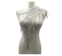 Applique, patch brodé, grande queue de phénix brodée en dentelle, pompon, fleur, col, robe mariée, passementerie, décoration soirée(Silver)