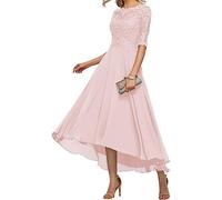 Appliques en dentelle pour mère de la mariée, manches 3/4, longueur thé, mousseline de soie, robes formelles de fête de mariage, robes de bal pour femmes, rose, 50