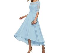 Appliques en dentelle pour mère de la mariée, manches 3/4, longueur thé, mousseline de soie, robes formelles de fête de mariage, robes de bal pour femmes, bleu ciel, 44