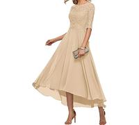 Appliques en dentelle pour mère de la mariée, manches 3/4, longueur thé, mousseline de soie, robes formelles de fête de mariage, robes de bal pour femmes, champagne, 54